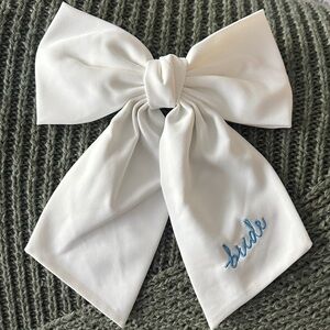 Anthropologie White Hair Bow with Blue Embroidery